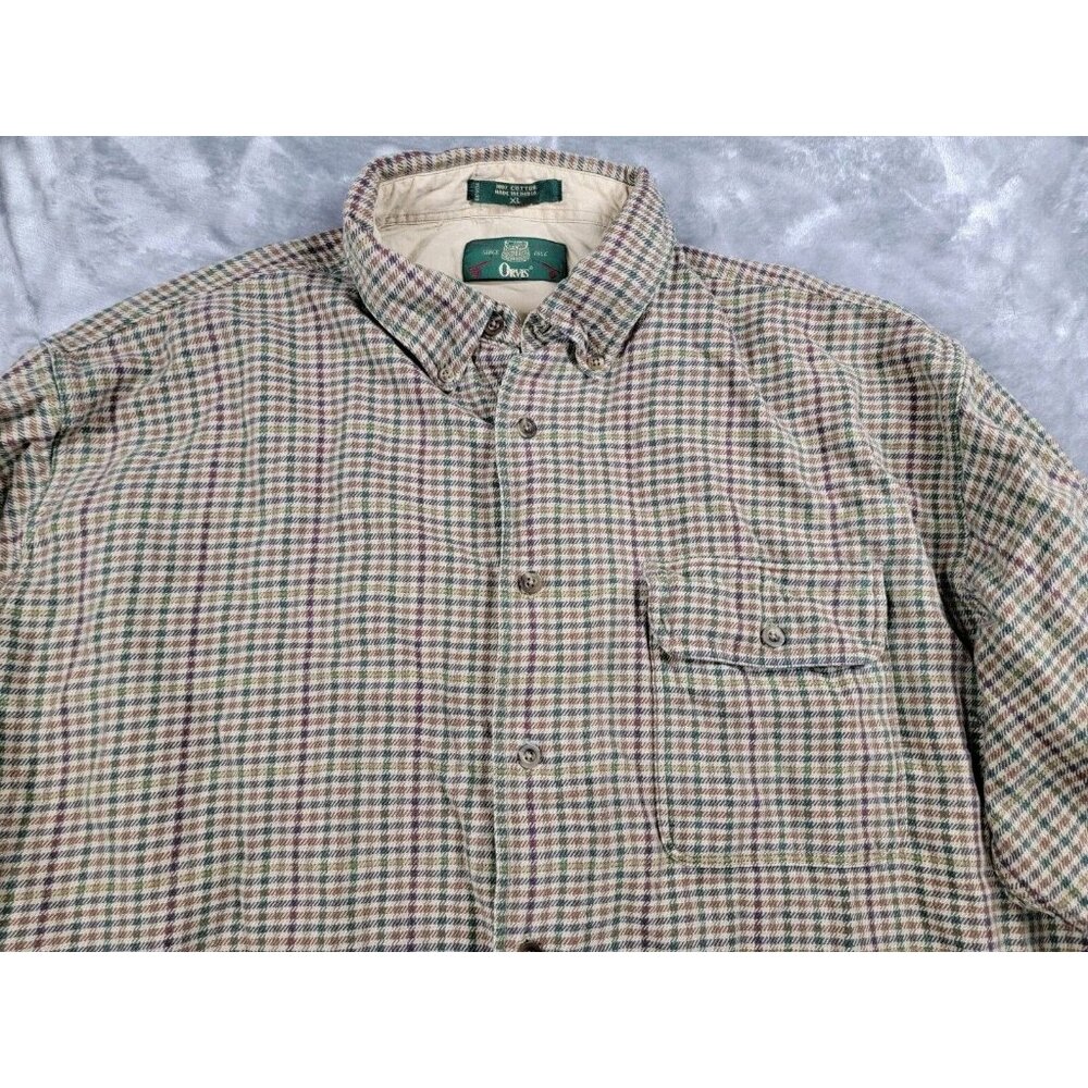 Vintage‎ Orvis Plaid Button up Shirt Mens XL Brown, Green Check thick Cotton